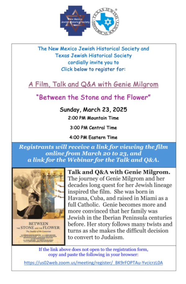 NM Jewish Historical Society ~ "Between the Stone and the Flower" GENIE MILGROM Film March 23 ~ April 8th Jewish Military History ~  Administrator Vacancy Announcement Apply NOW